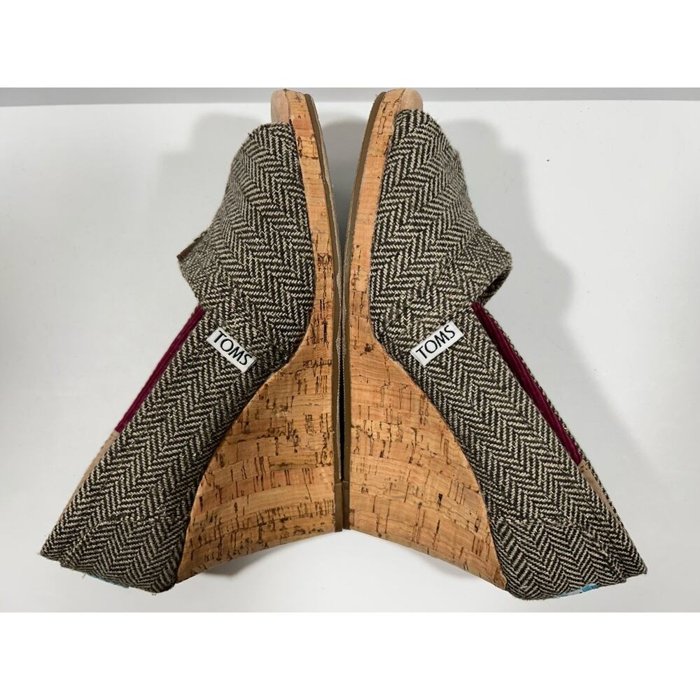 Toms Tweed Herringbone Brown Tan Peep Toe Cork Wedge Heel Women’s Size 6.5 - Picture 4 of 8
